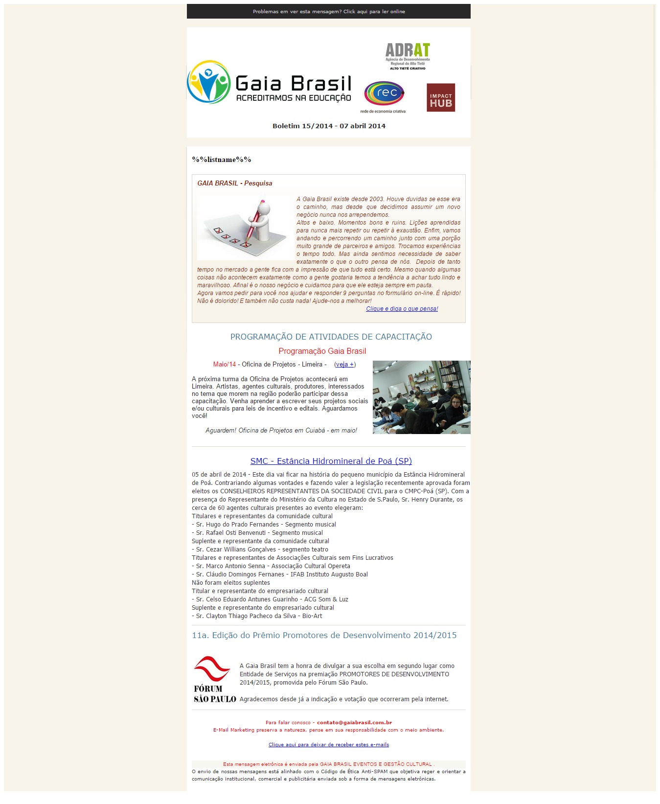 Boletim 15-2014 – Pesquisa Gaia Brasil – Capacitações – Prêmio